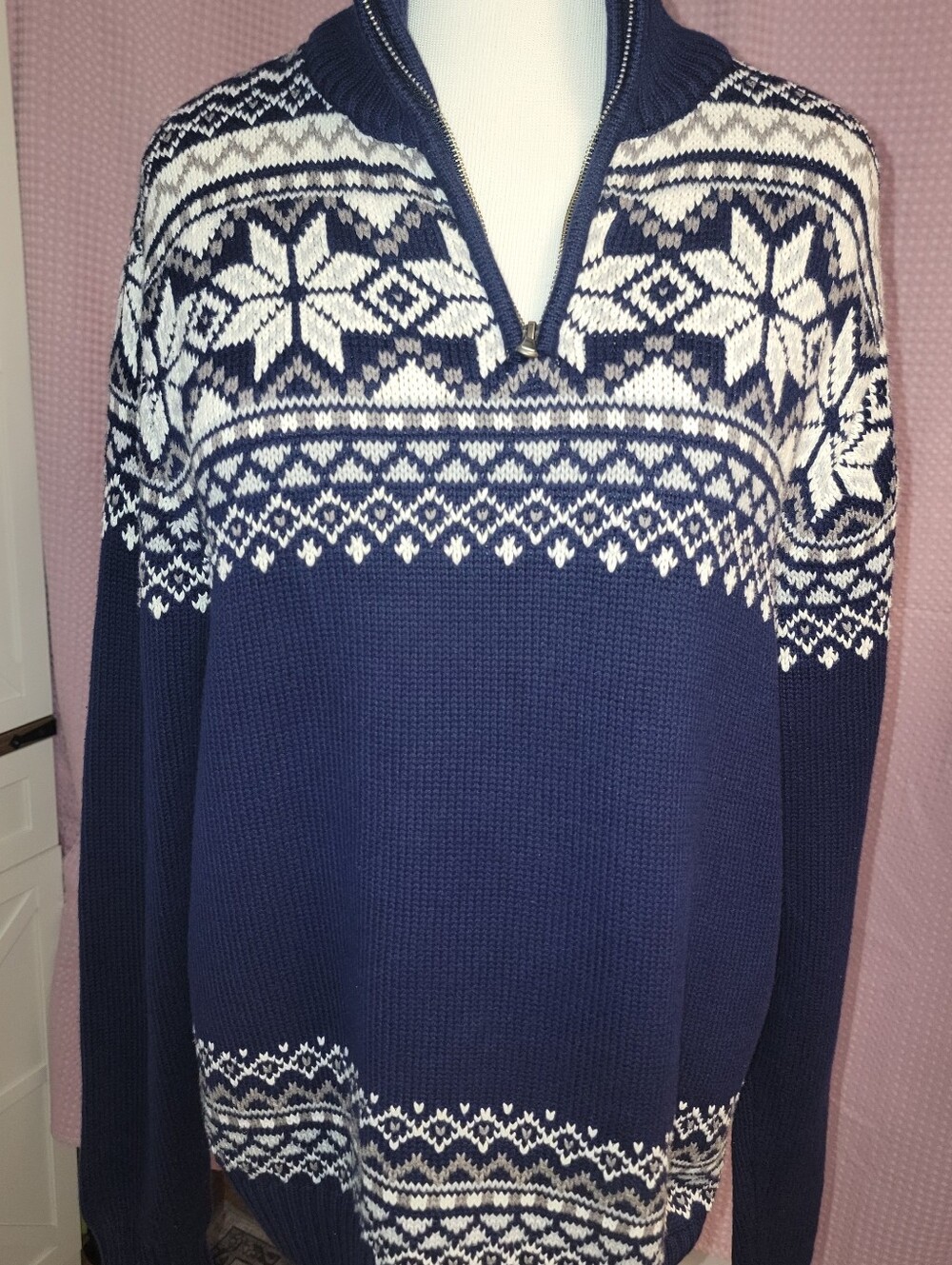 Magaschoni Men's L Fair Isle Snowflake Quarter Zip Sweater Navy White Heavy Knit